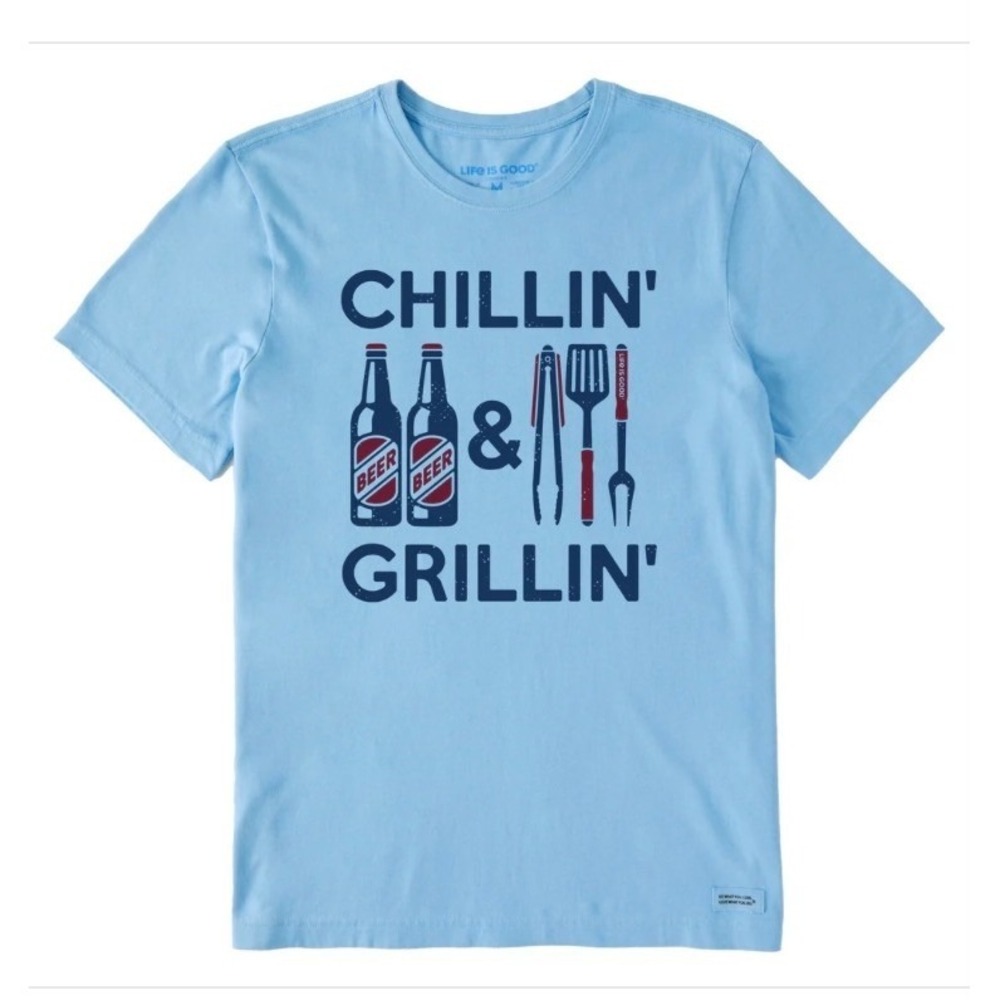 3/$25 Life is Good‎ Mens Chillin Grillin Beer BBQ Graphic T-Shirt Blue Classic